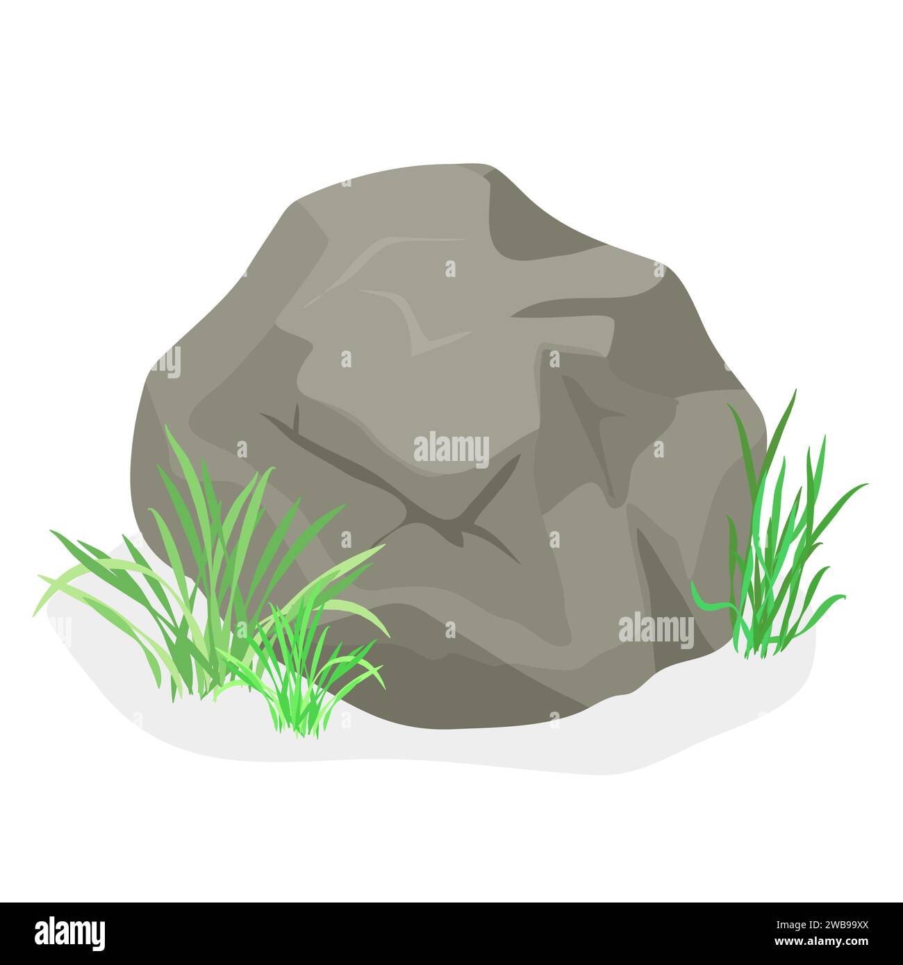 Garden stone with grass. Landscape design, boulders with plants, nature rocks cartoon vector illustration Stock Vector