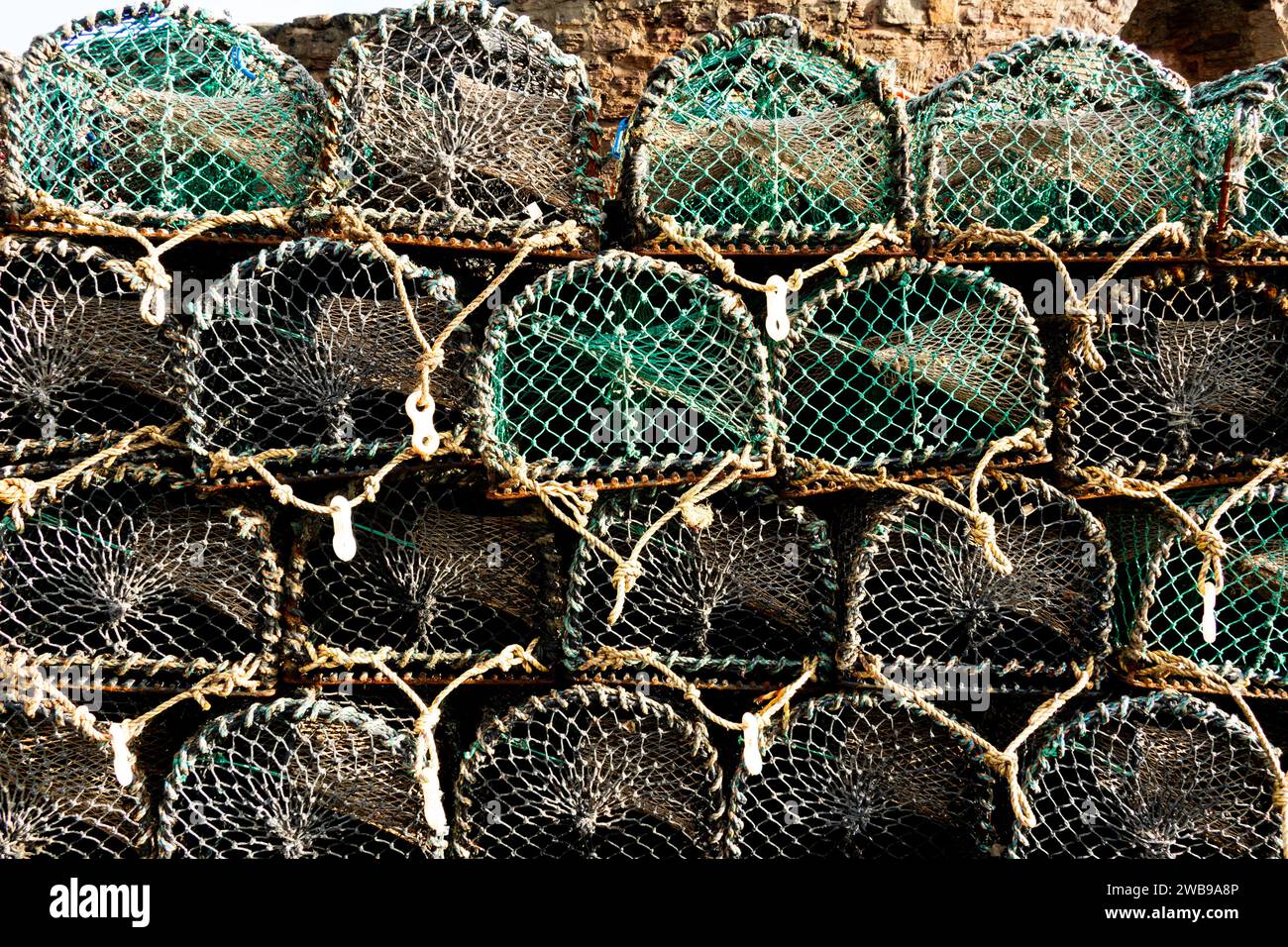 Close up of rows of crab and lobster pots Stock Photo