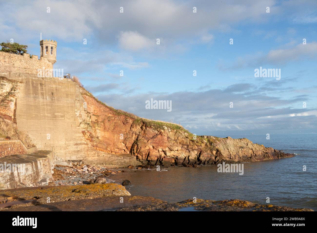 Coastline of the Firth of Forth and Crail Castle lookout tower at Crail