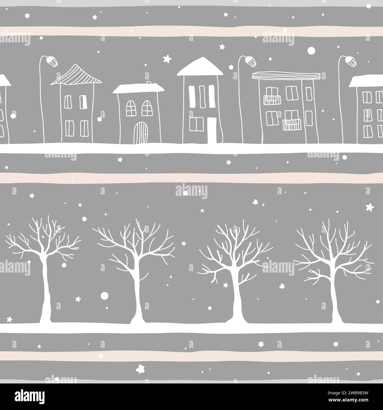 Seamless pattern of doodle hand drawn trees and houses. Great for ...