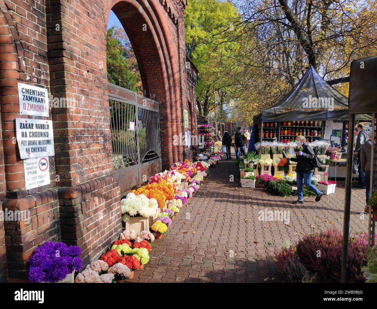 BYTOM, POLAND - OCTOBER 25, 2020: Cemetery candle and artificial flower shop before All Saints Day in Bytom. All Saints Day celebration at cemeteries Stock Photo