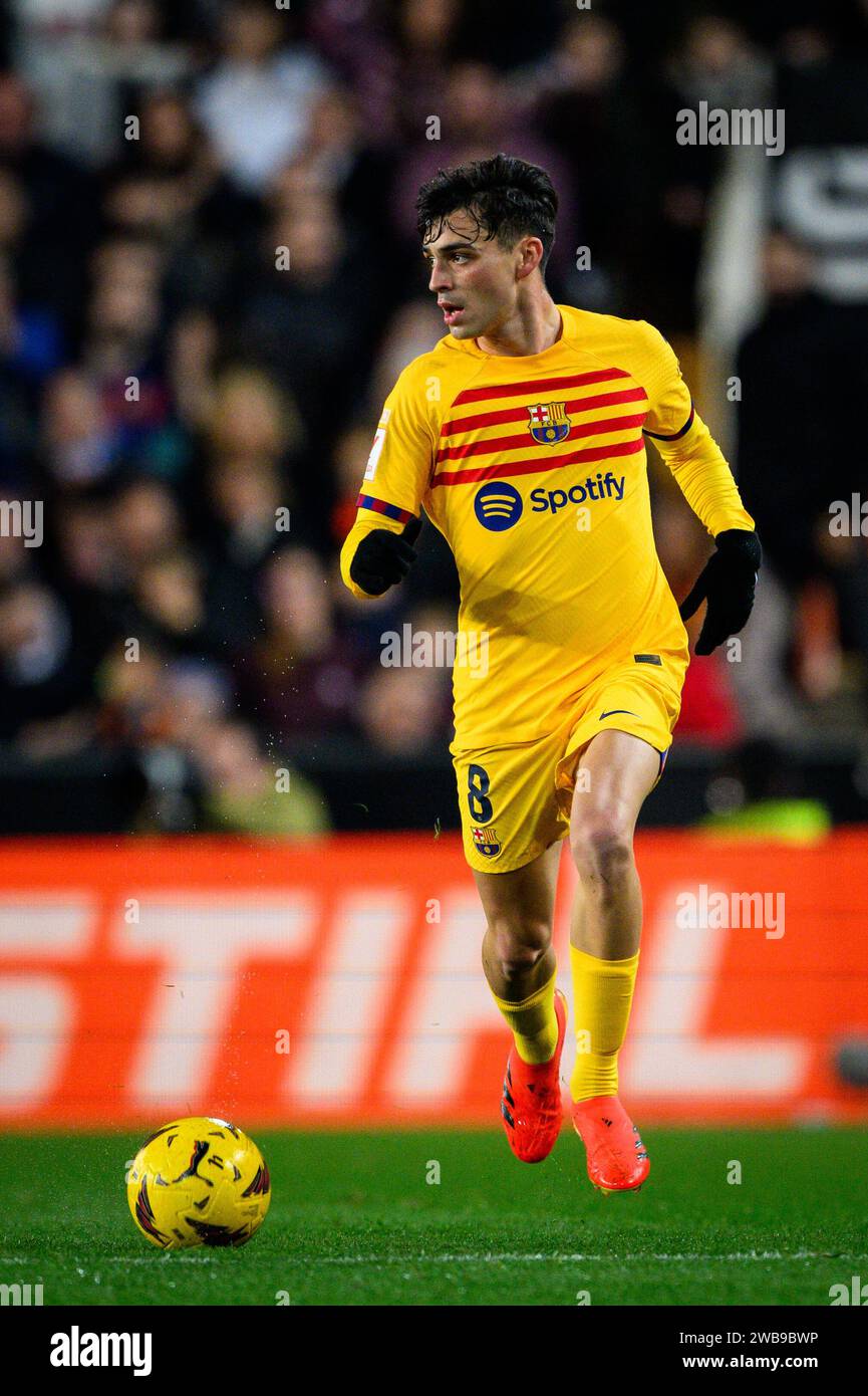 Pedri, FC Barcelona's Spanish player in action during a league match at the Mestalla stadium, Valencia, Spain. Stock Photo