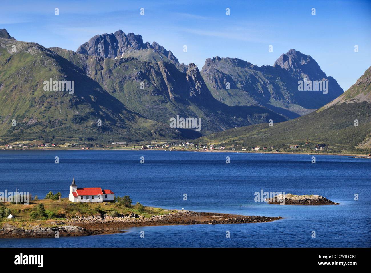 Norway landscape - Sildpollnes church in Vestpollen, Lofoten islands. Nature of Lofoten, Norway. Stock Photo