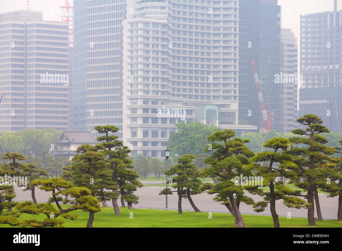 Tokyo city, Japan. Imperial Palace gardens and the urban pollution smog. Hazy air, low visibility. Stock Photo
