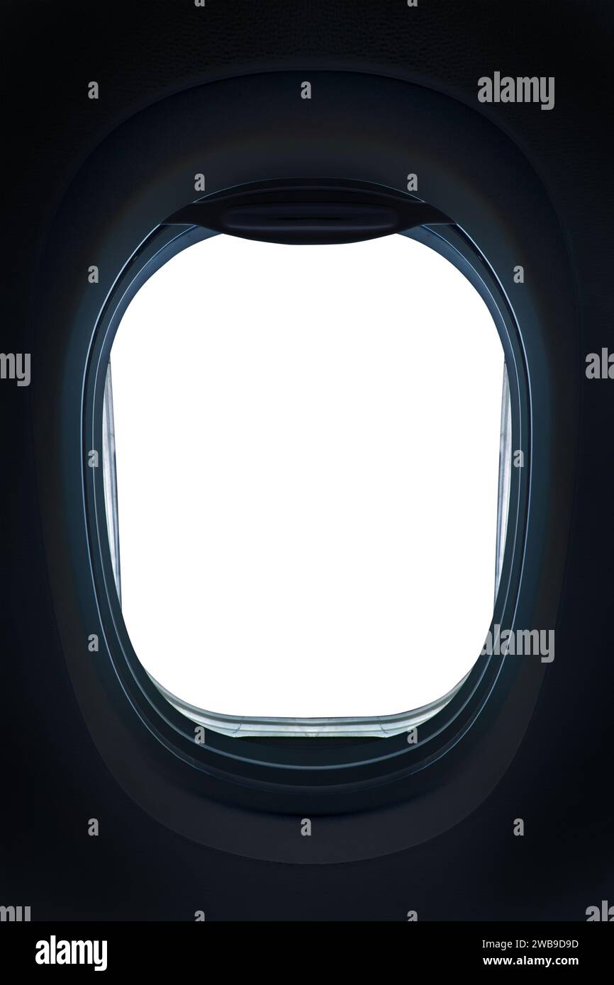 Photo of the window of an airplane from inside at night (flight concept),frame isolated on white background Stock Photo