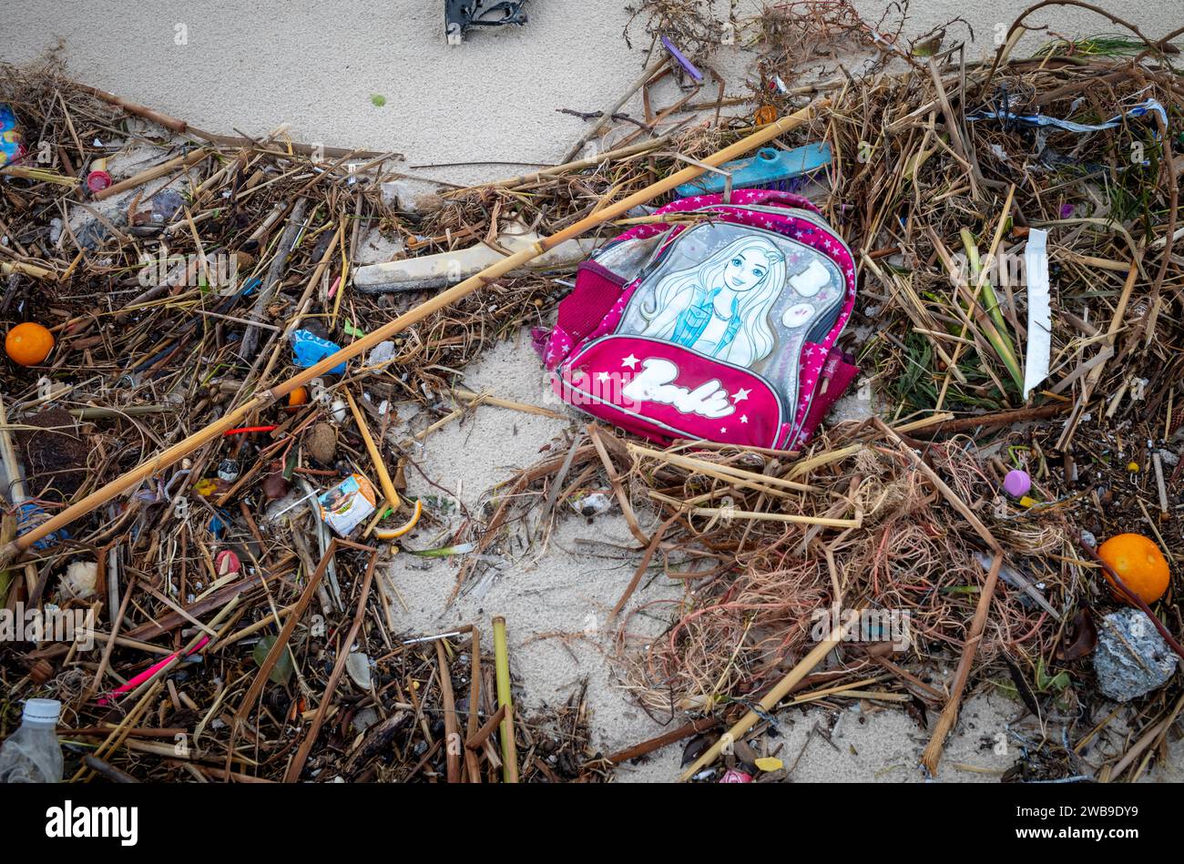 A child's Barbie backpack, plastic waste, fruit and general dead vegetation and debris washed on a sandy beach on the Mediterranean Sea in Tunisia. Stock Photo