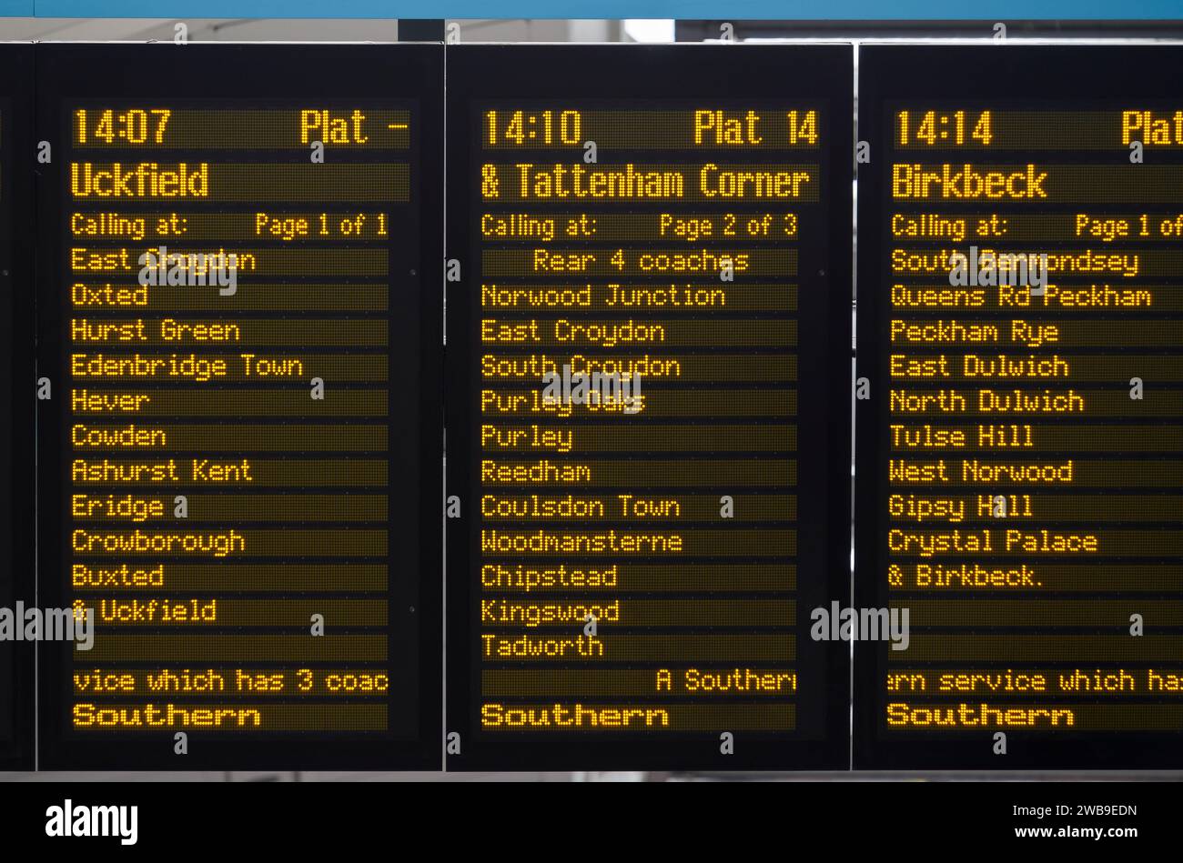 Digital destination display on a railway station platform, London Bridge Station, London, England. Stock Photo