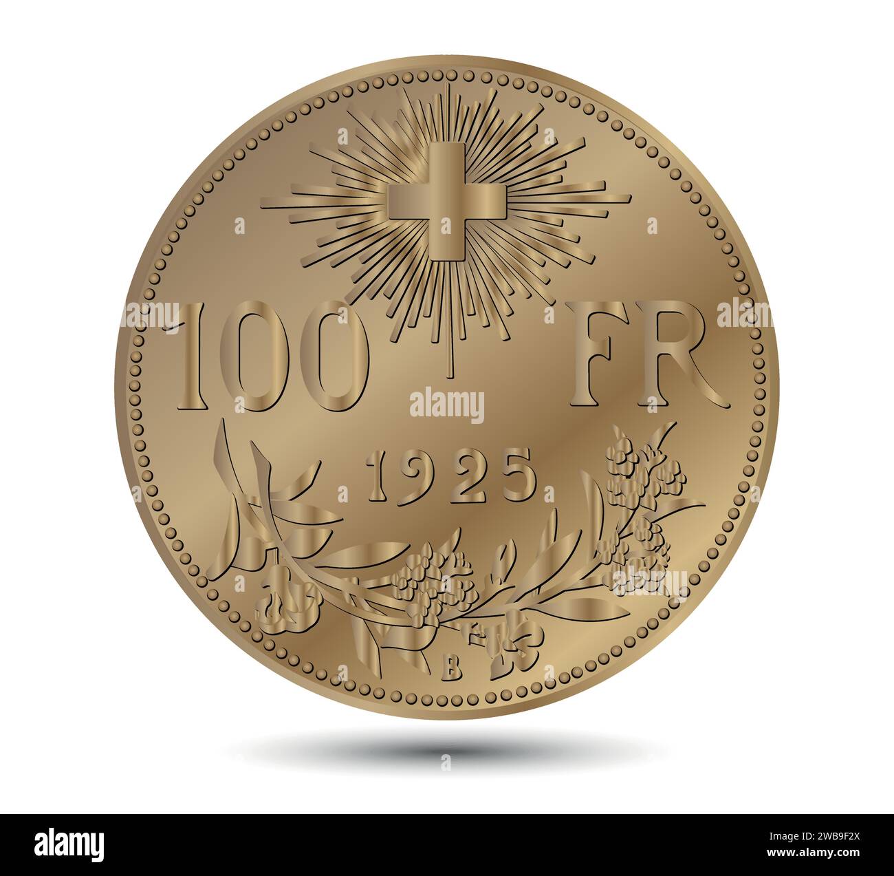 Reverse of Switzerland 1925 hundred francs gold coin, isolated on a ...