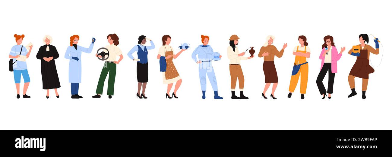 Women of different professions set vector illustration. Cartoon isolated many girls in professional clothes standing, woman judge and scientist, driver and flight attendant, astronaut and ceramist Stock Vector