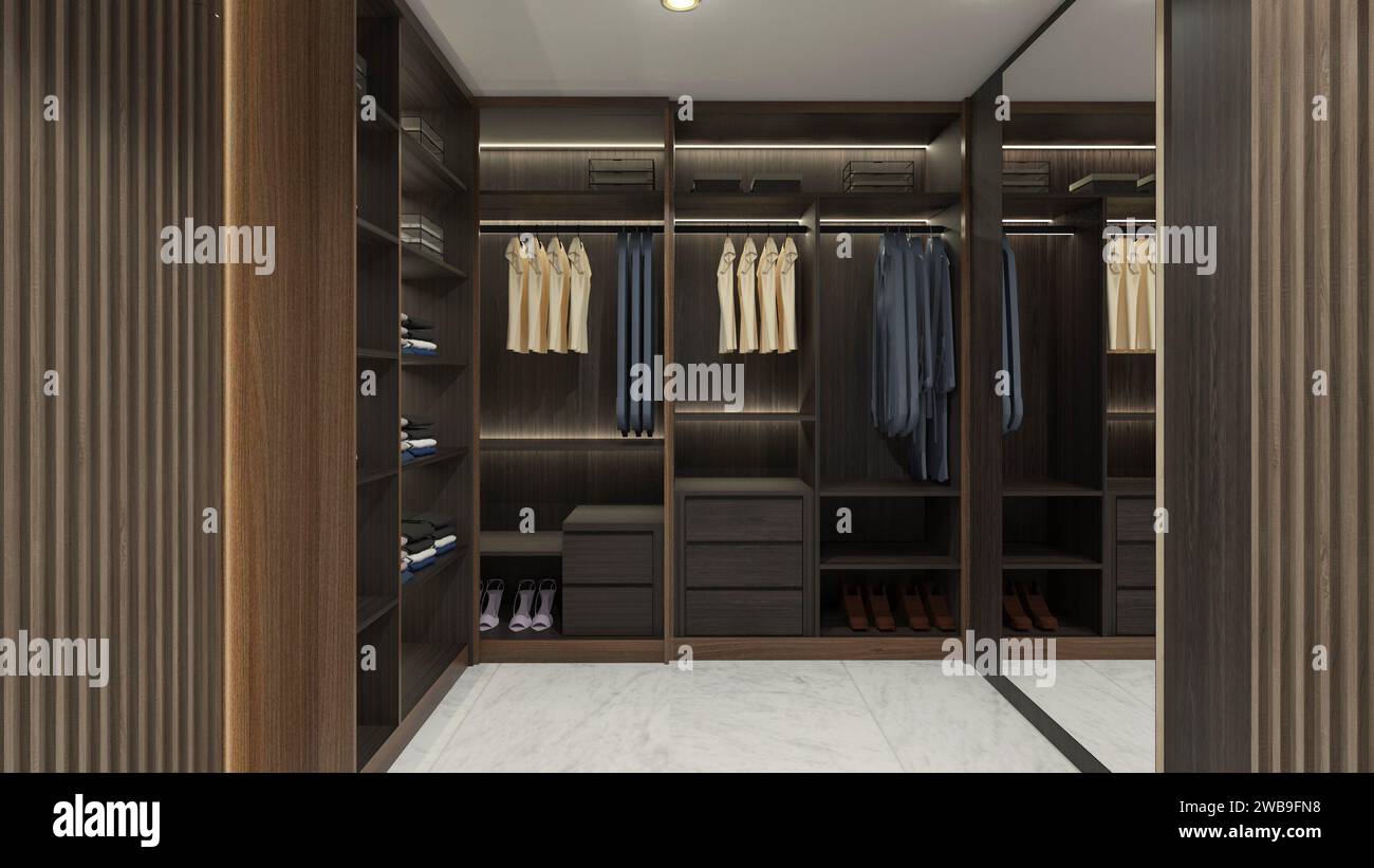 Open Walk in Closet Display Design with Wooden Furnishing and Shelving Rack Stock Photo