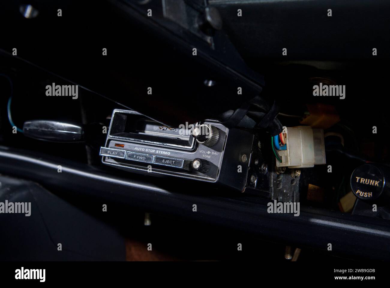 Eight track player in a 1974 Datsun 260C Coupe, classic 1970 Japanese