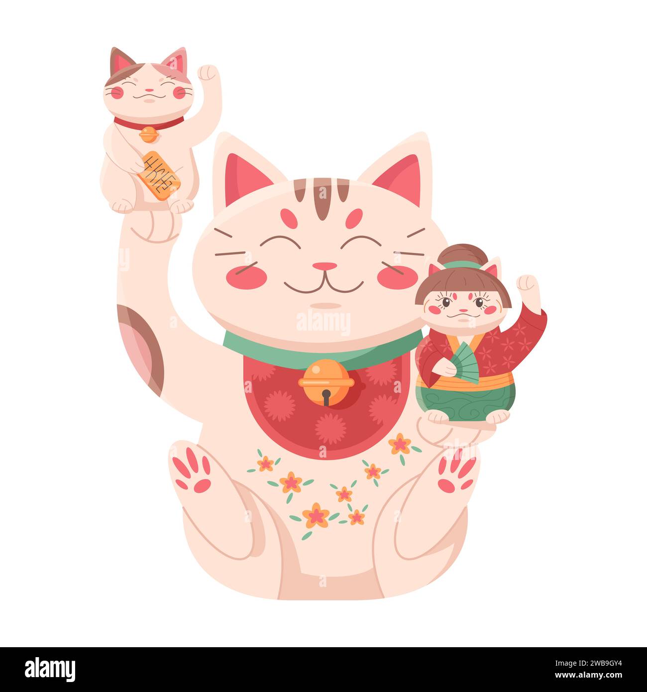 Maneki neko fortune cat. Traditional japanese lucky cat, bringing wealth cartoon vector illustration Stock Vector