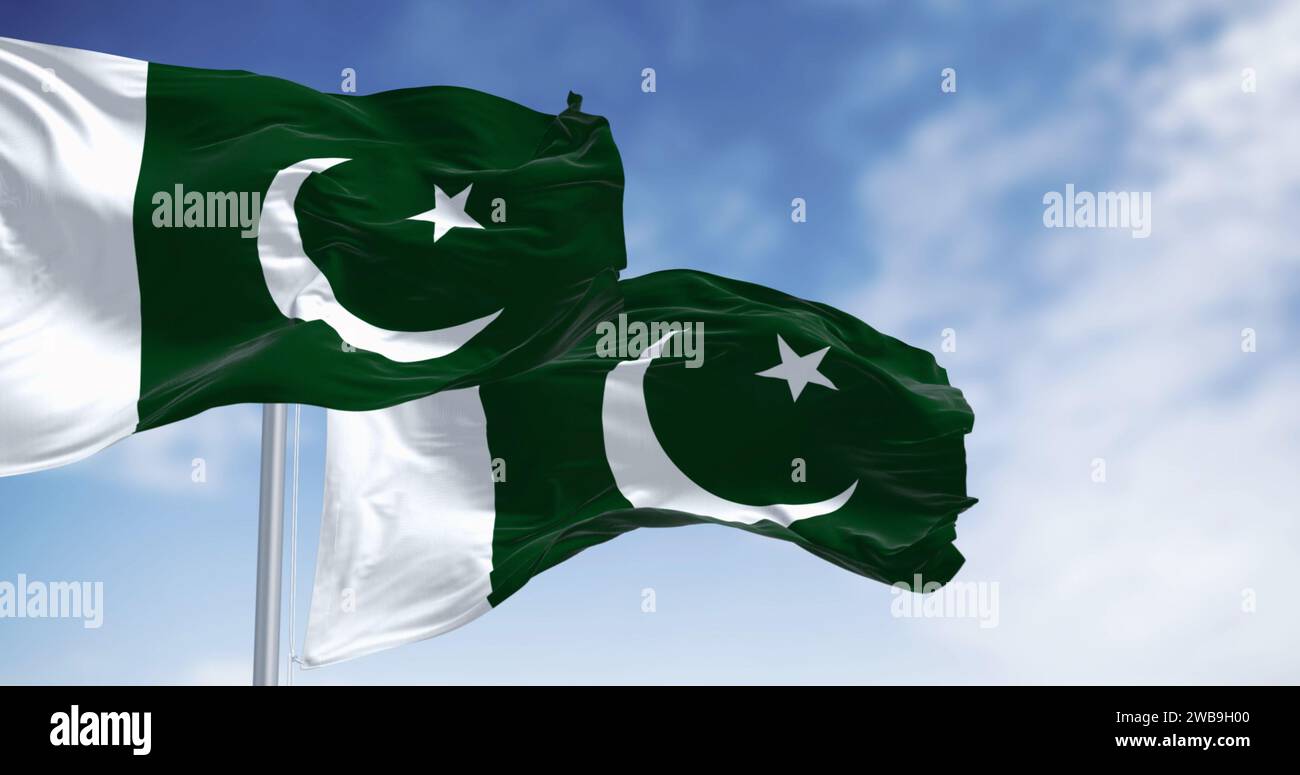 Two Pakistan National flags waving on a clear day. Green with white band on hoist; white crescent moon and five-pointed star. Seamless 3d render anima Stock Photo