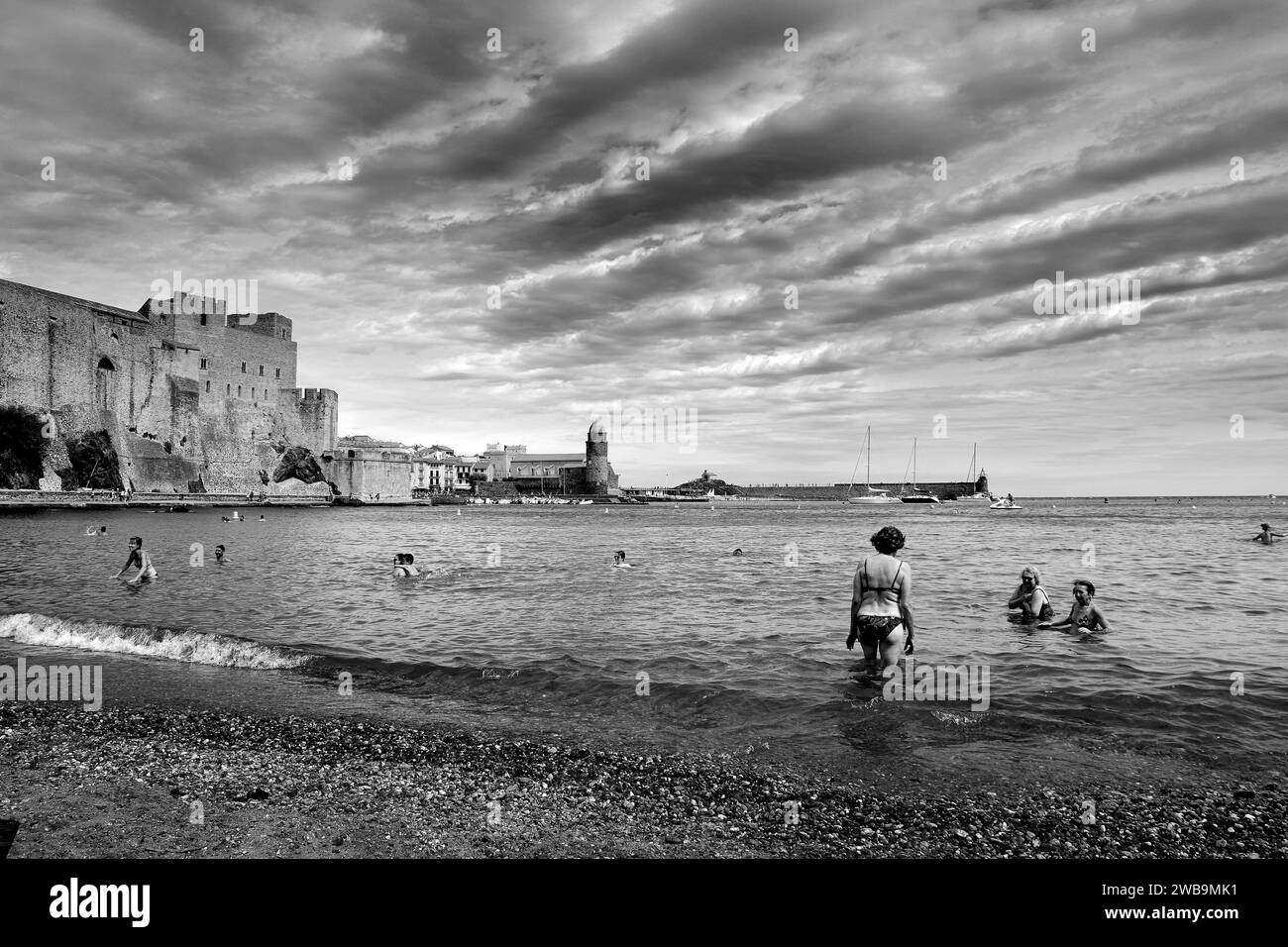 Collioure bathers, Mediterranean Sea Stock Photo