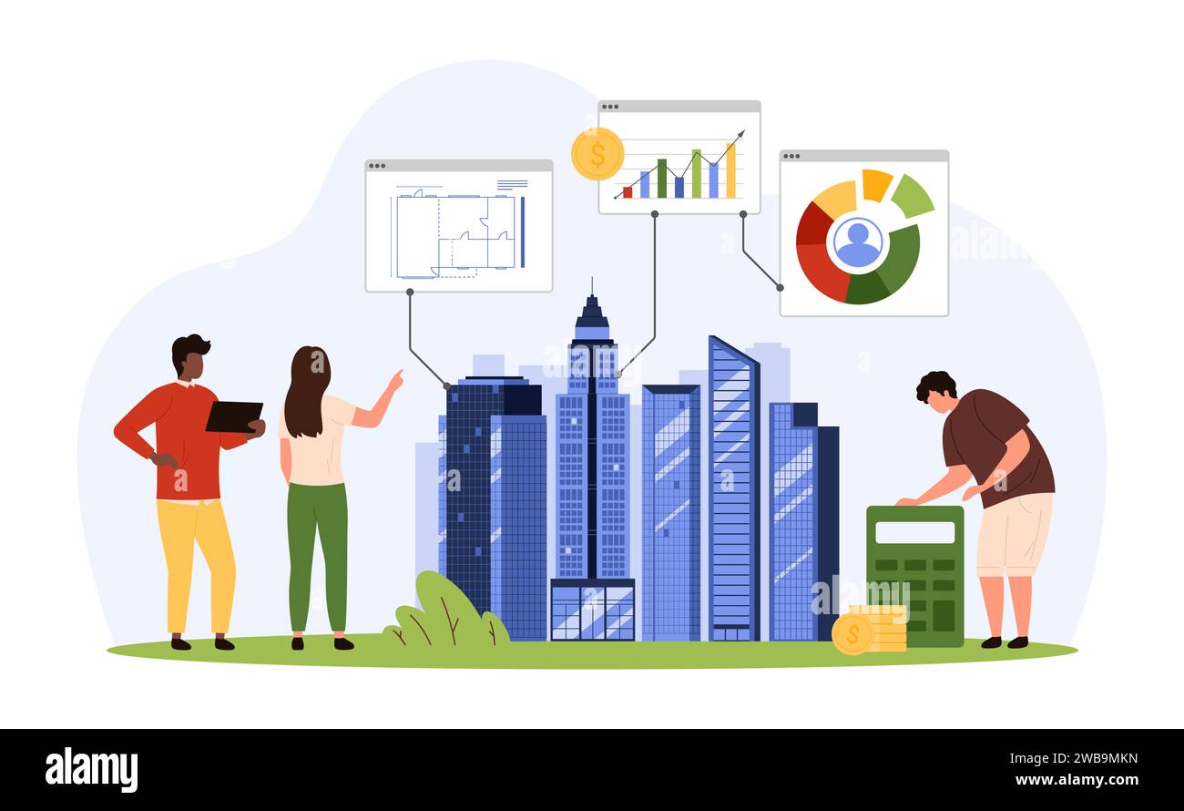 Property market analysis for investment. Tiny people study real estate