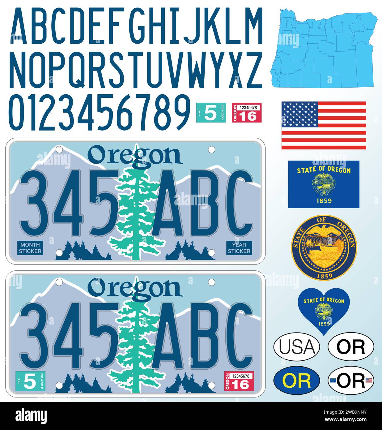 Oregon state car license plate pattern, letters, numbers and symbols, vector illustration, USA, United States odf America Stock Vector