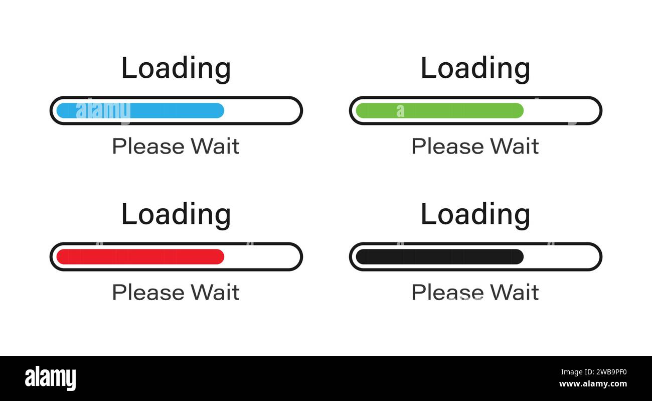 Loading bar slider with outline icon set. Loading please wait symbol icon set in blue, green, red and black colors. Loading 70% please wait symbol. Stock Vector
