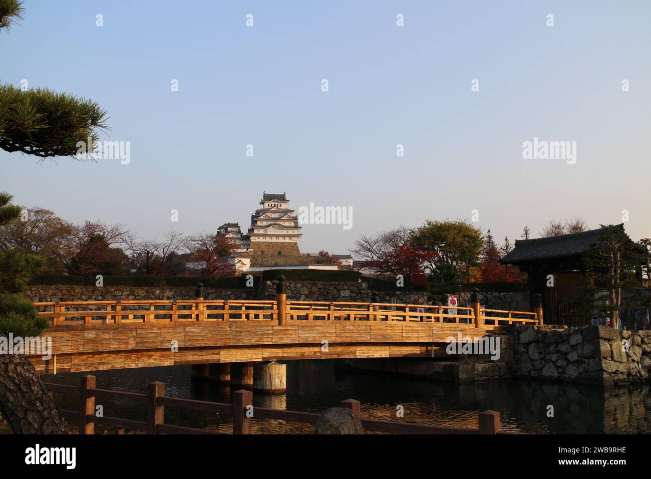Himeji Castle in the early morning viewed over Sakuramon Bridge, Himeji
