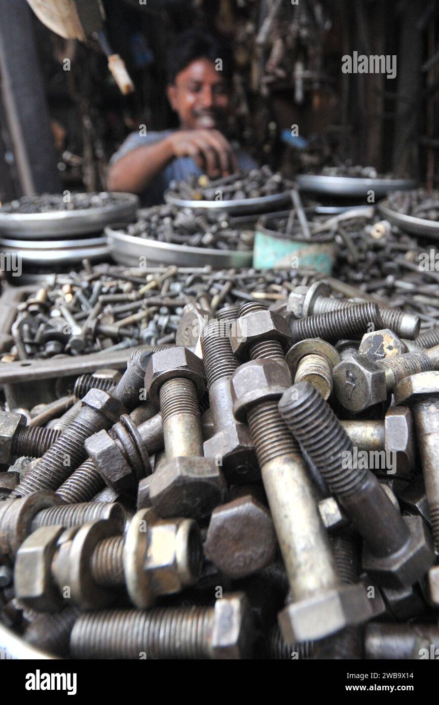 Sellers sell old car parts at the old car parts market in Dholaikhal, Old Dhaka. Dholaikhal is