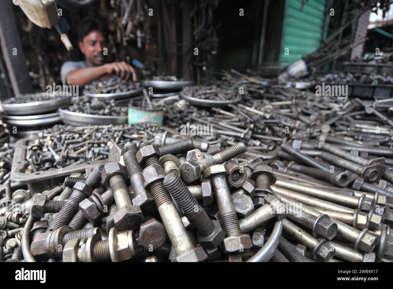 Sellers sell old car parts at the old car parts market in Dholaikhal, Old Dhaka. Dholaikhal is