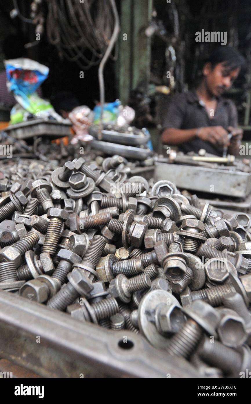 Sellers sell old car parts at the old car parts market in Dholaikhal, Old Dhaka. Dholaikhal is