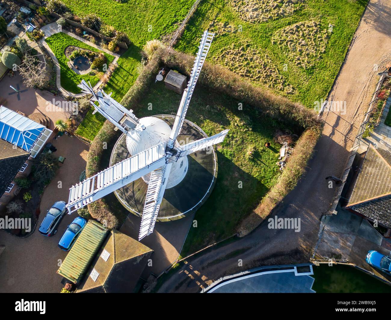 aerial view of stone cross windmill a tower mill east sussex. The mill is also known as blackness mill and white mill. Stock Photo