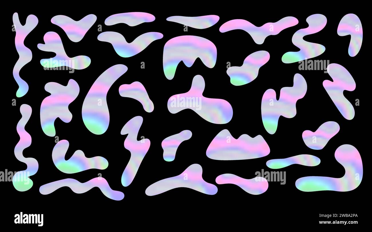 Vector bright holographic freeforms. Set of design elements. Curved ...