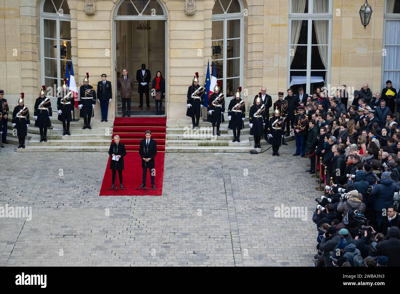 Paris France 09th Jan 2024 French Outgoing Prime Minister Elisabeth Borne And Her Successor Former Minister Of National Education Gabriel Attal During The Handover Ceremony In The Courtyard Of The Hotel Matignon French Prime Ministers Official Residence In Paris France On January 9 2024 Gabriel Attal Becomes The Youngest Prime Minister In The History Of The Fifth Republic Photo By Eric Tschaenpoolabacapresscom Credit Abaca Pressalamy Live News 2WBA3N3 