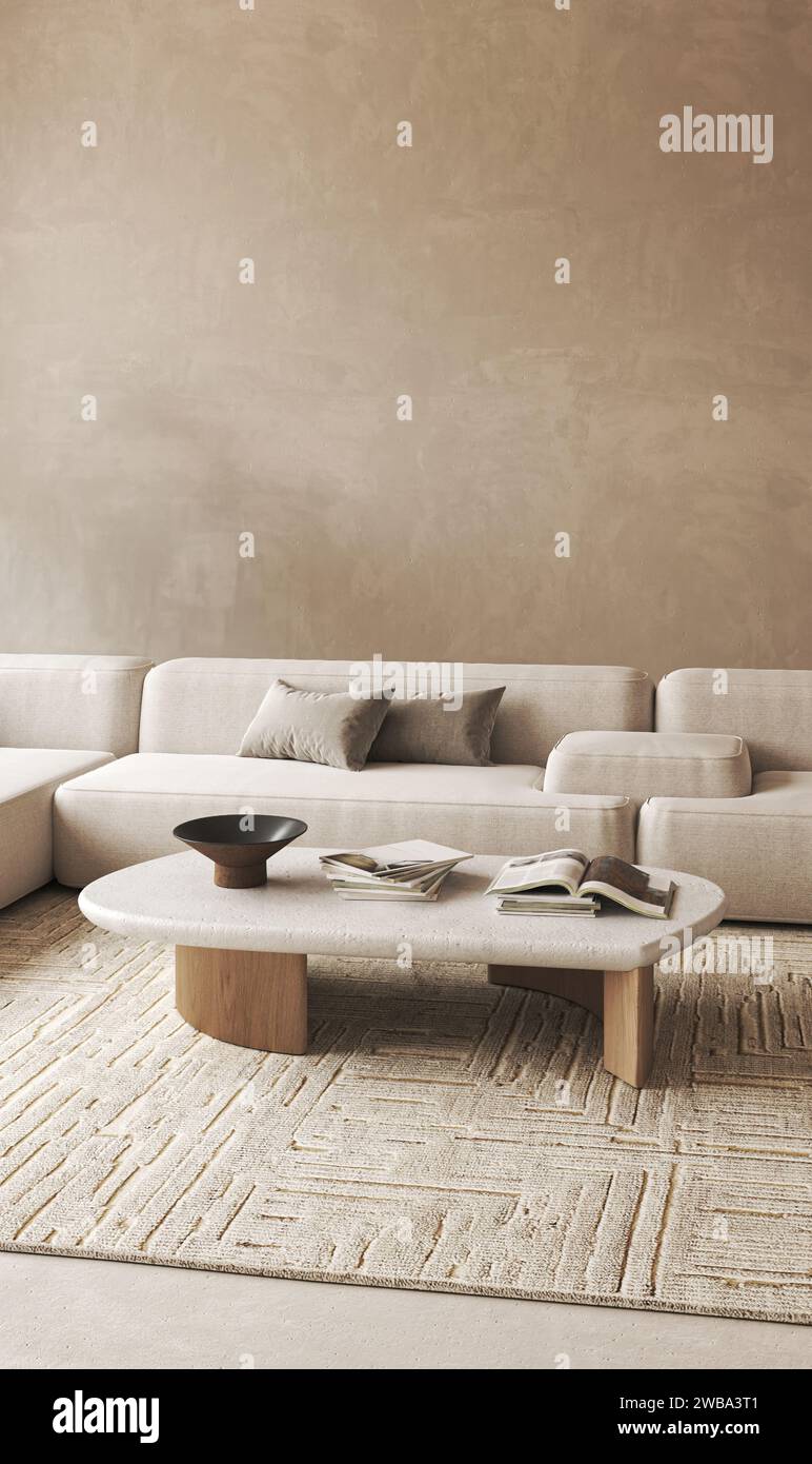 Sleek modern living room with a textured sofa and round wooden coffee table on a beige patterned rug Stock Photo