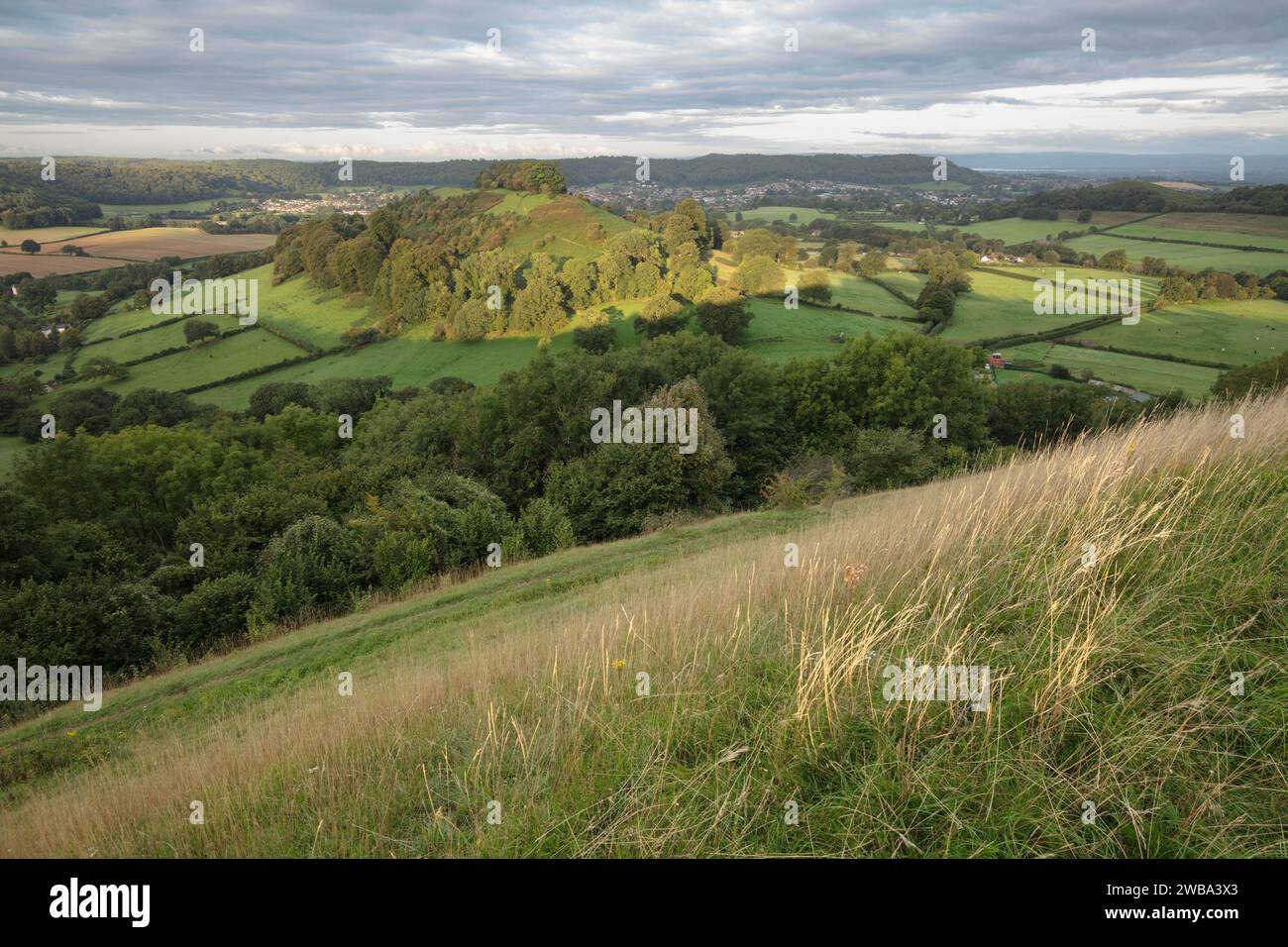View to Dursley from Uley Bury Hillfort, Dursley, Cotswolds, Gloucestershire, England, United Kingdom, Europe Stock Photo