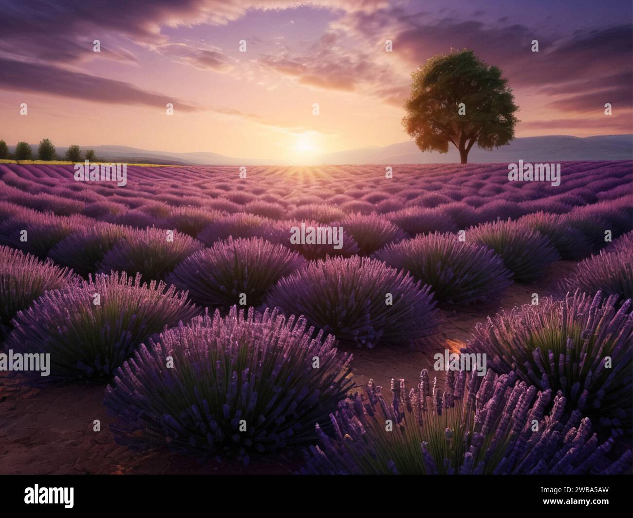 Lavender fields at sunset Provence, France - a breathtaking sight that captures the beauty of nature in its most serene form. Stock Vector