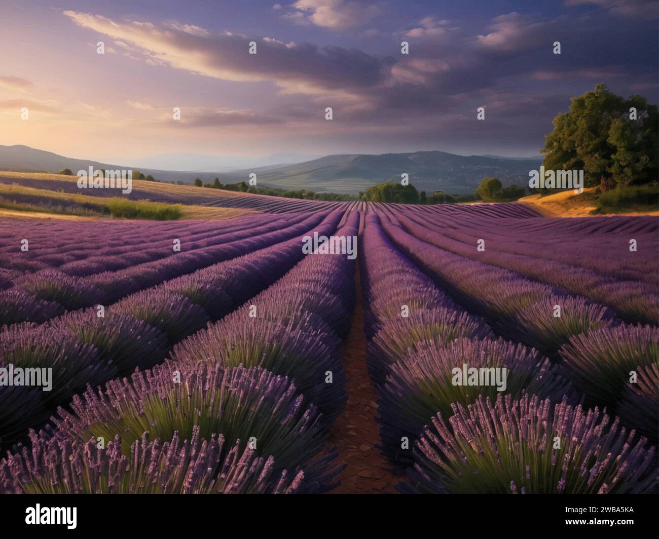 Lavender fields at sunset Provence, France - a breathtaking sight that captures the beauty of nature in its most serene form. Stock Vector