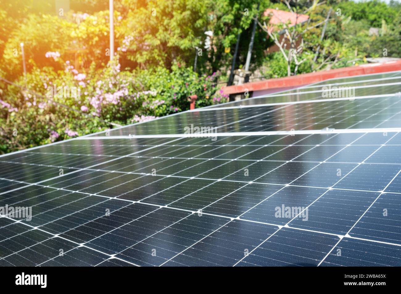 Solar electricity back up system on house roof in green garden background Stock Photo