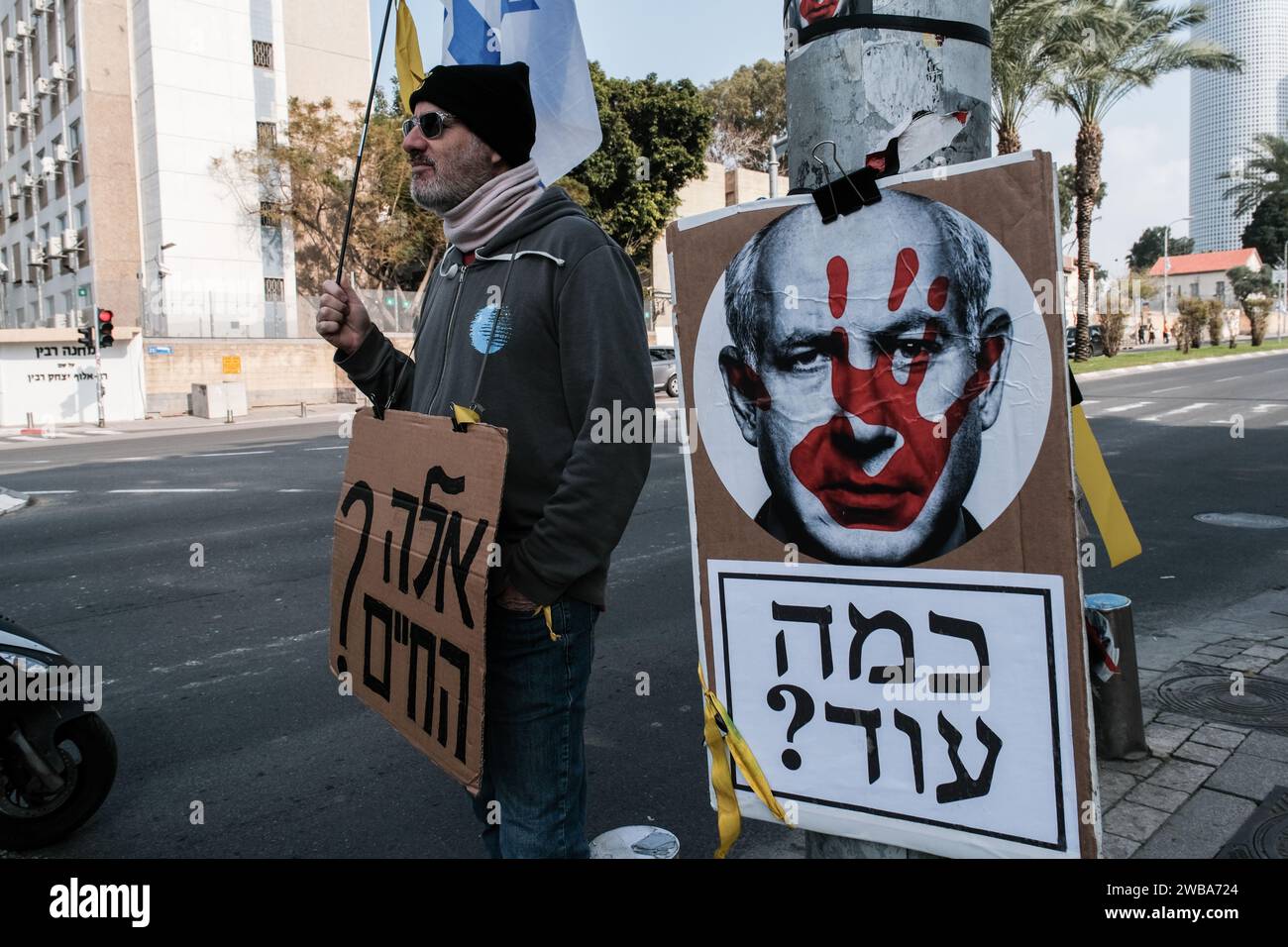 Tel Aviv, Israel. 9th Jan, 2024. Posters bearing photos of hostages and signs blaming PM Netanyahu for neglect and abandonment of his citizens are evident near the Kiryah, the IDF National HQ, as U.S. Secretary of State Blinken holds meetings inside, now on his fourth visit since 7th October, 2023. 136 Israeli hostages are believed to still be in Hamas captivity in the Gaza Strip. Credit: Nir Alon/Alamy Live News Stock Photo