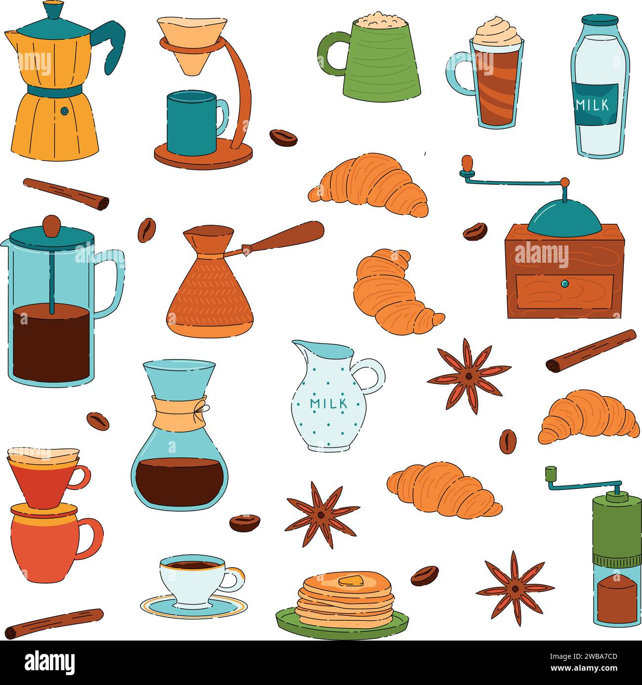 Set of isolated coffee elements brewing equipment. French press, mug