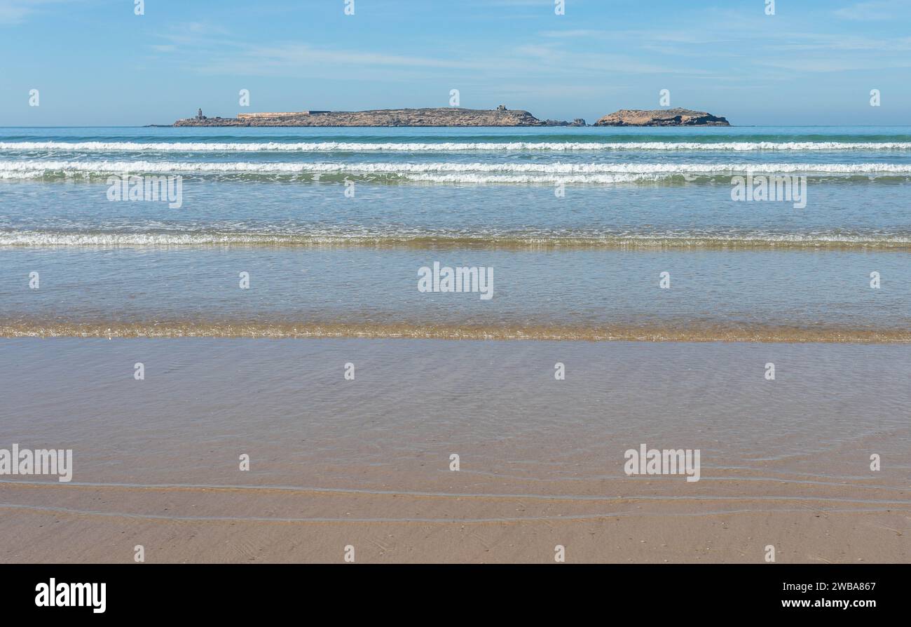 Panoramic view of Ile De Mogador from the beach in Essaouira, Morocco Stock Photo
