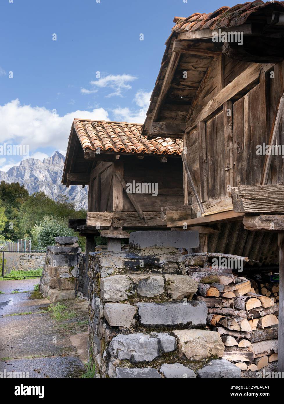 Horreos grain stores old style granaries Built on  pillars with a large, flat stone on top of each, which is the trick to keep the rodents at bay, Sot Stock Photo