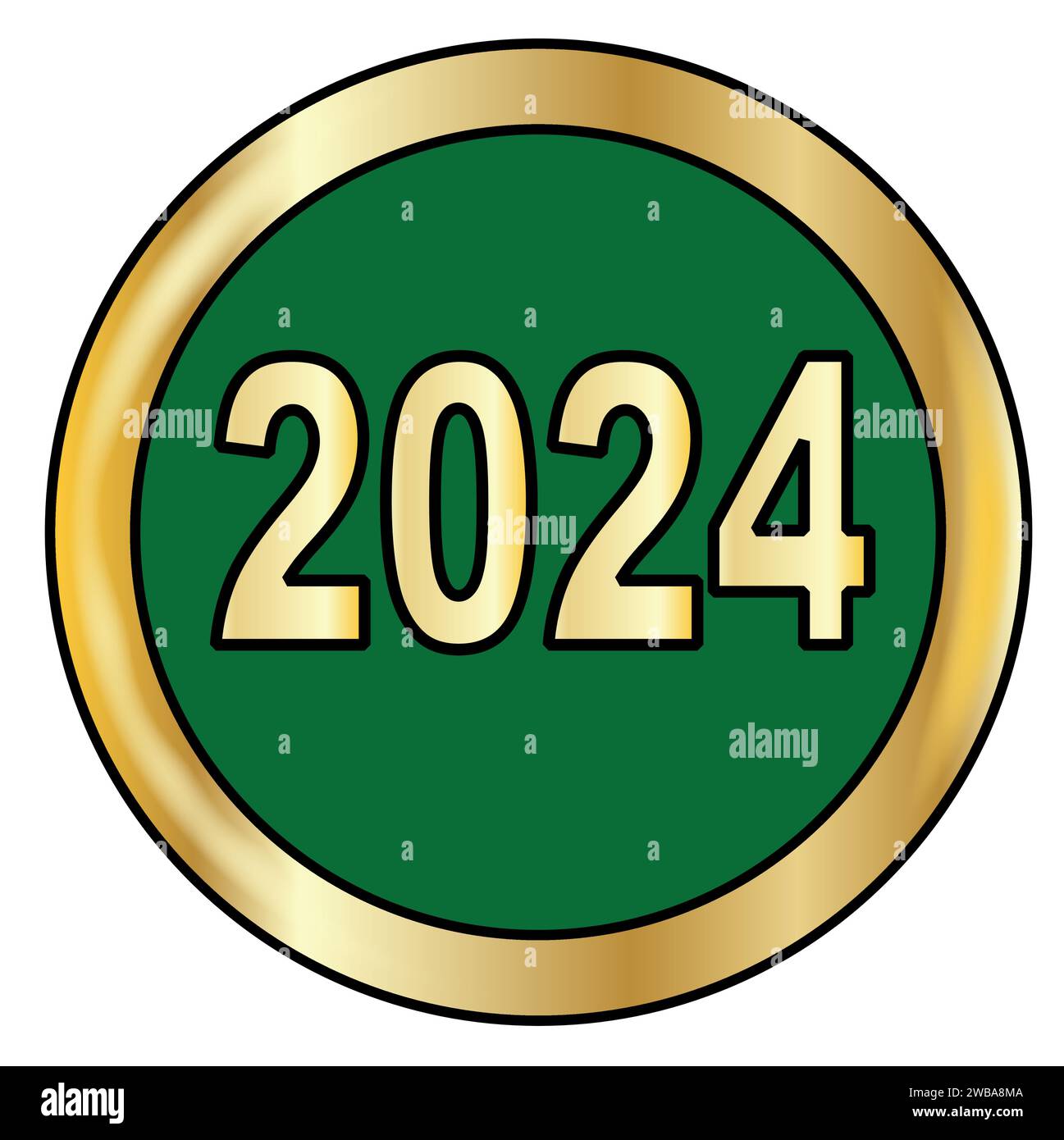 2024 event party start green buttonr with a gold metal circular border