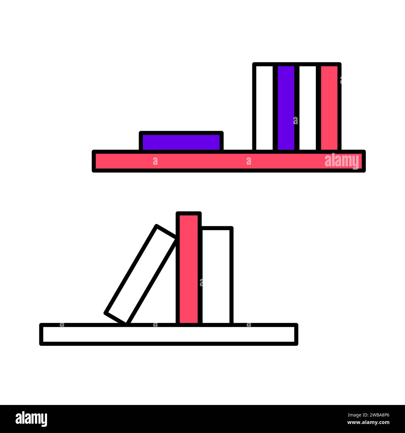 Book spines on a bookshelf in flat style. Stack of books and magazines