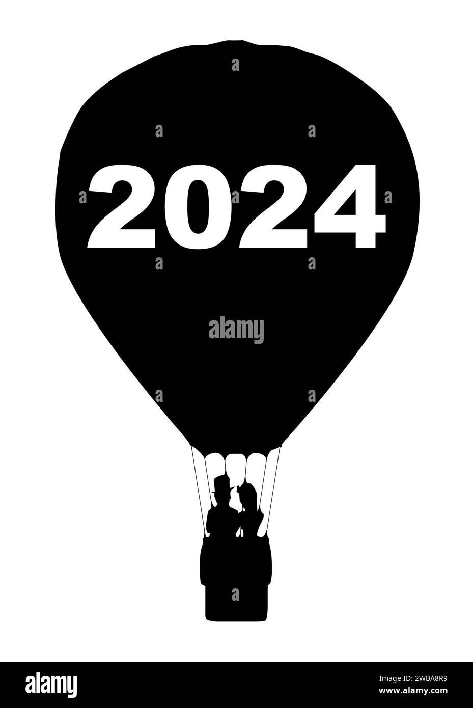 A silhouette of a hot air balloon floating away with a couple in the basketover a white