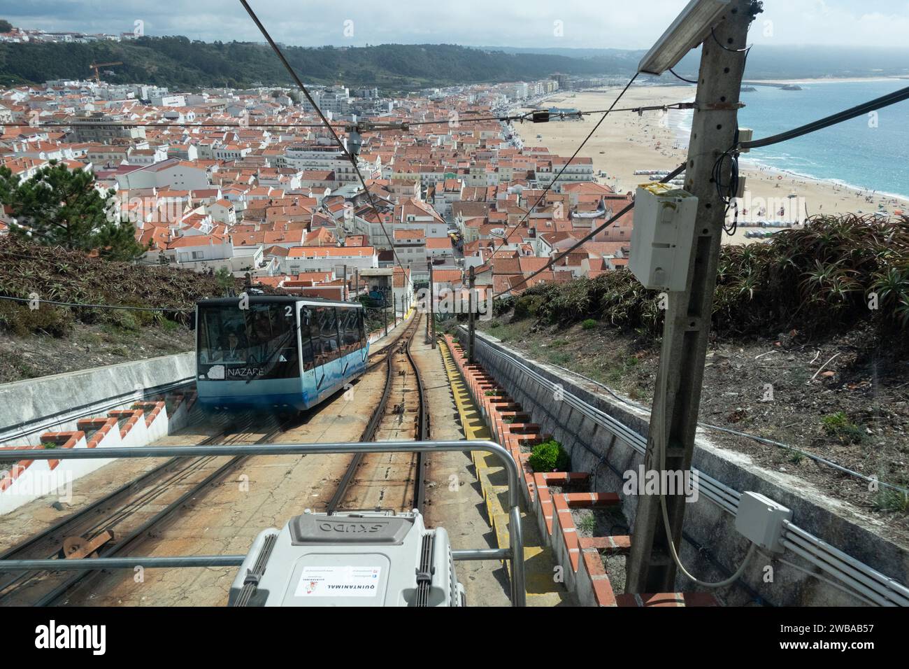 Nazaré Funicular Ascensor da Nazaré. The cable car rising up above the