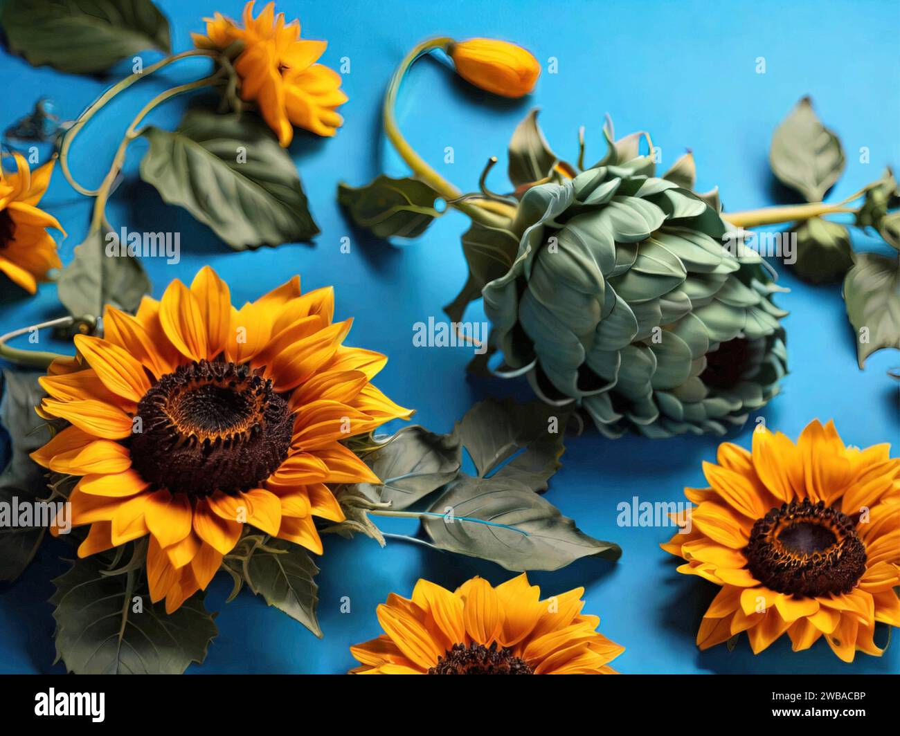 Beautiful sunflower on blue background. Stock Vector