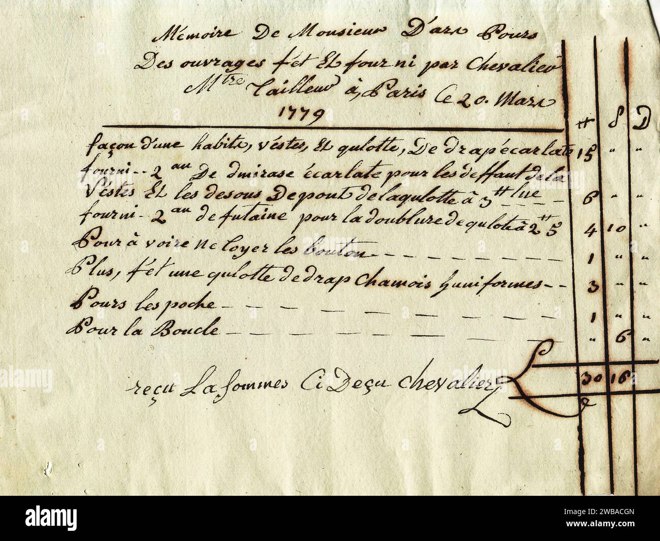 facture de fourniture d'un uniforme pour monsieur d'Ars, par Chevalier, maître tailleur à Paris - 1779 Stock Photo