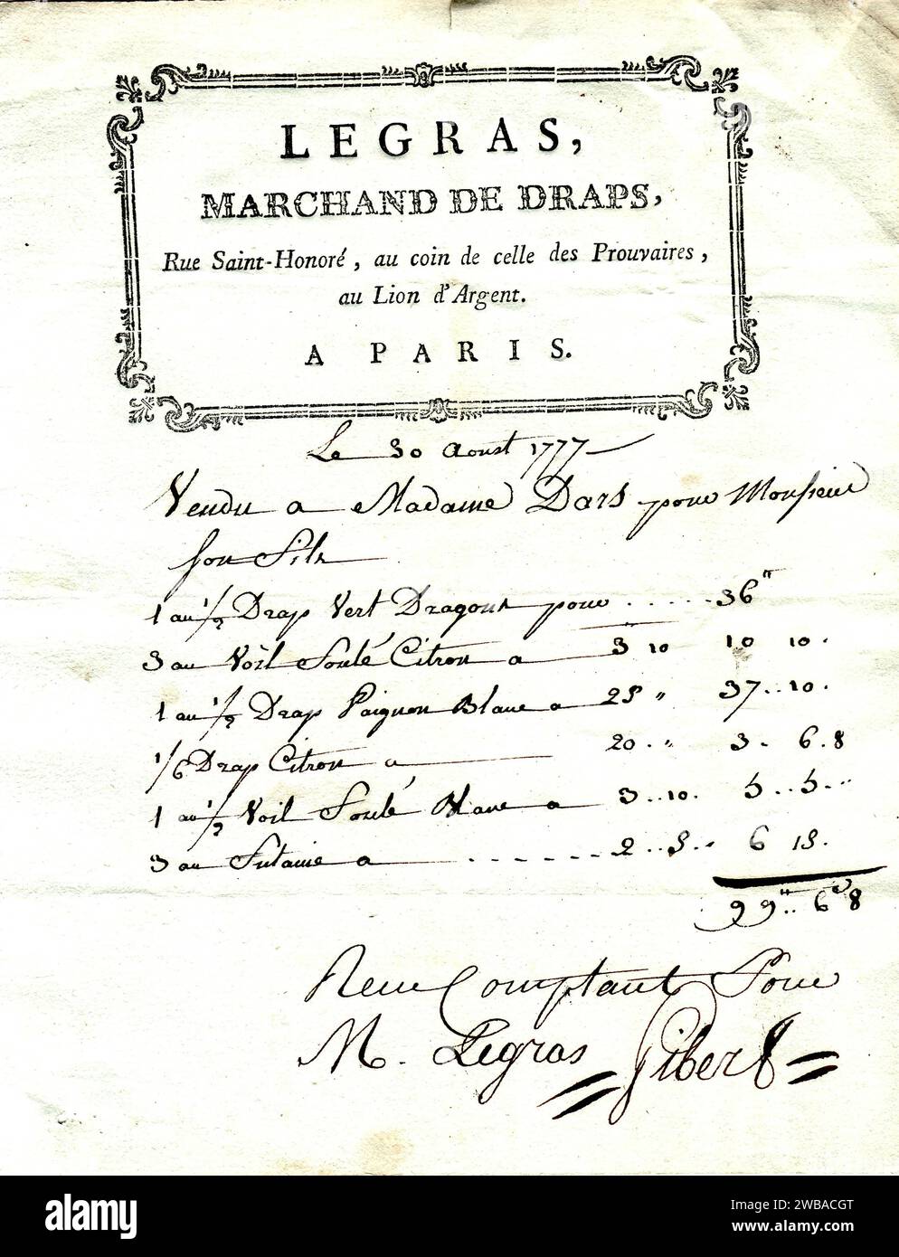 facture de drap pour l'uniforme du fils de mme d'Ars, par Legras, marchand de drap à Paris - 1777 Stock Photo