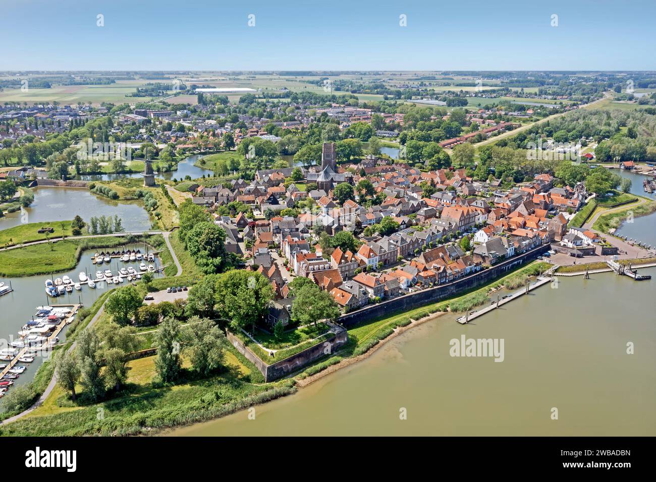 Aerial from the historical city Woudrichem at the river Merwede in the Netherlands Stock Photo