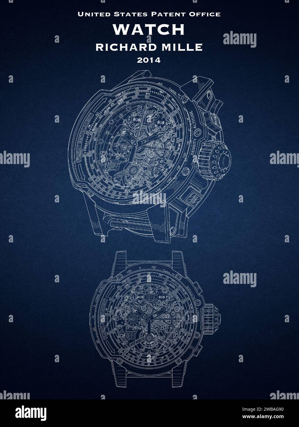 US patent office design for a luxury watch by Richard Mille on a blue background Stock Photo
