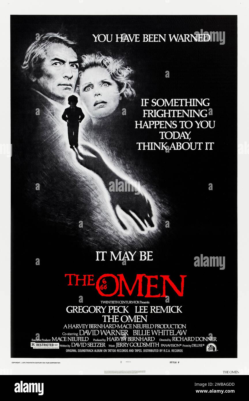 The Omen (1976) directed by Richard Donner and starring Gregory Peck, Lee Remick, David Warner and Patrick Troughton. Mysterious deaths surround an American ambassador. Could the child that he is raising actually be the Antichrist? The Devil's own son? Photograph of an original 1976 US one sheet poster. ***EDITORIAL USE ONLY*** Credit: BFA / 20th Century Fox Stock Photo