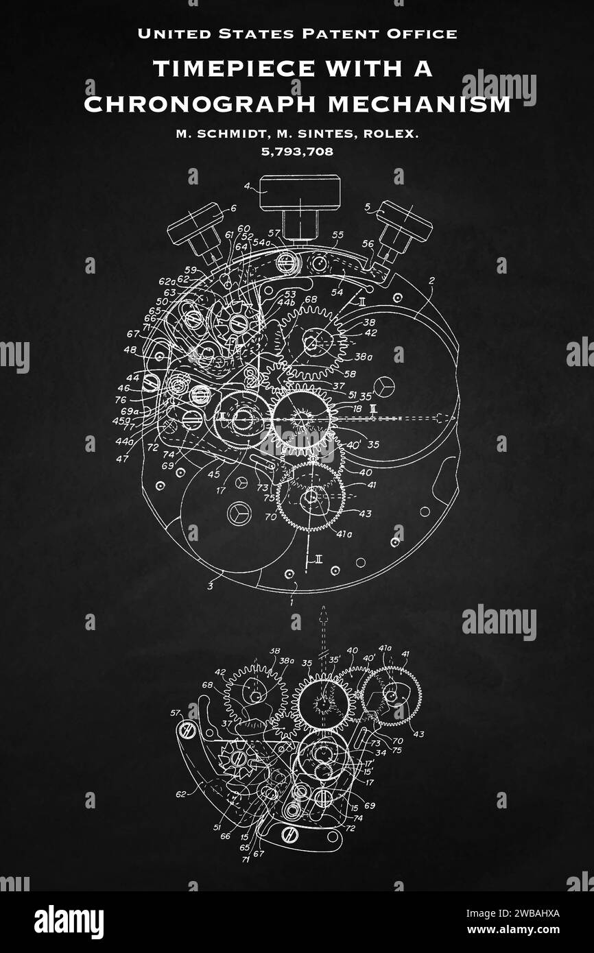 US patent office design for a chronograph timepiece by Rolex on a black background Stock Photo