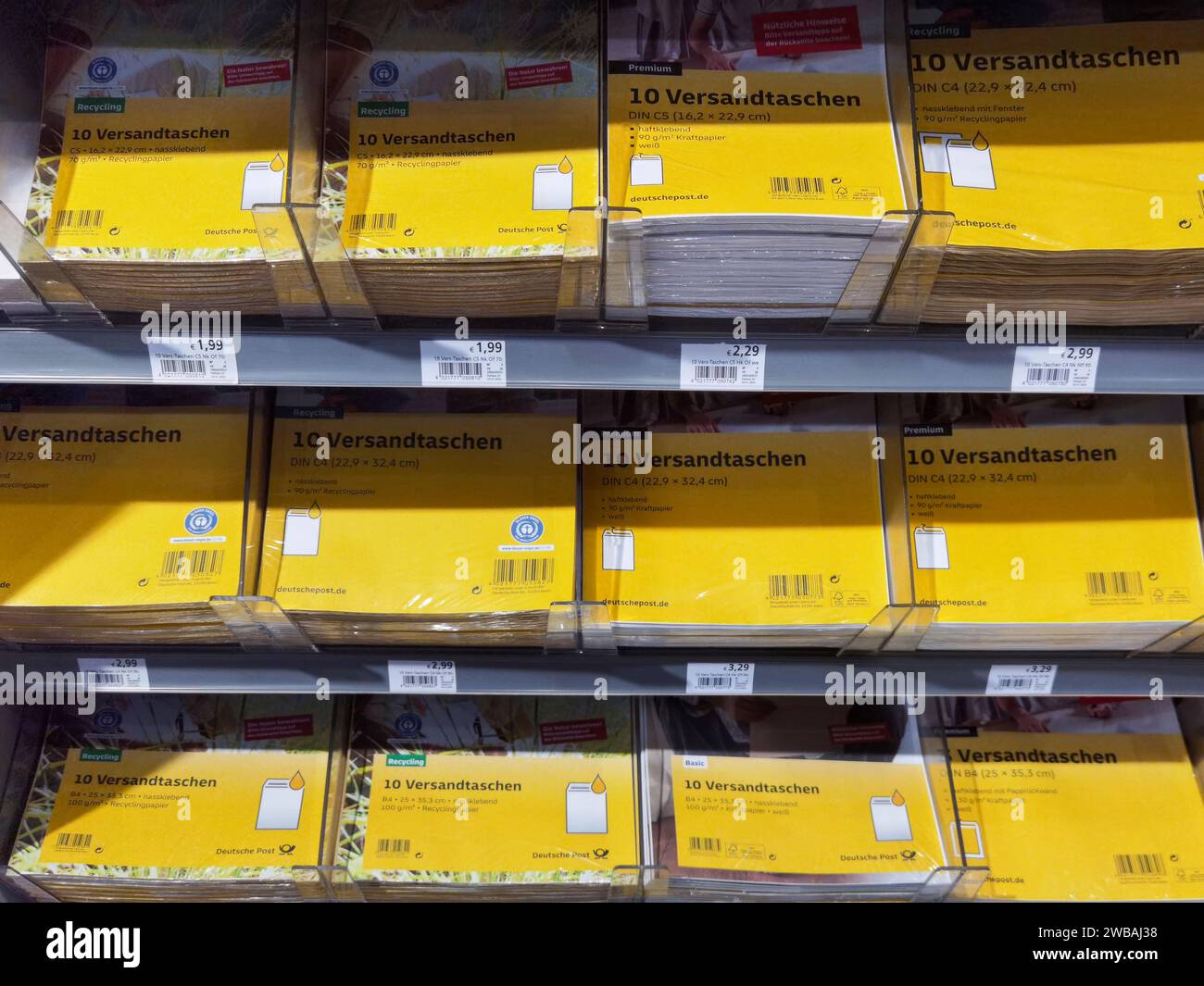 Berlin, Germany - February 2, 2023: Shelf with various envelopes from Deutsche Post AG. Stock Photo