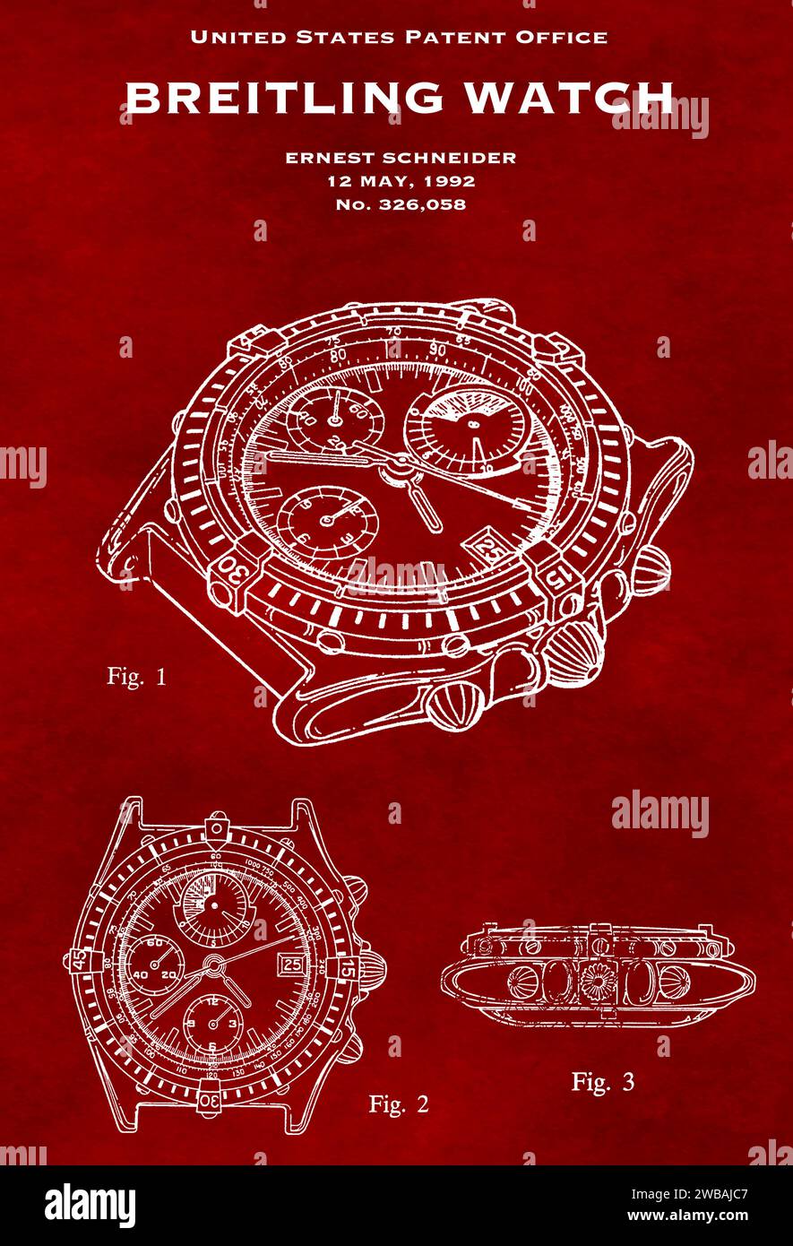 US patent office design from 1992 of a Breitling watch on a red background Stock Photo
